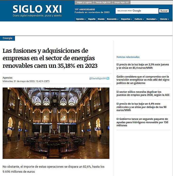 Las fusiones y adquisiciones de empresas en el sector de energas renovables caen un 35,18% en 2023